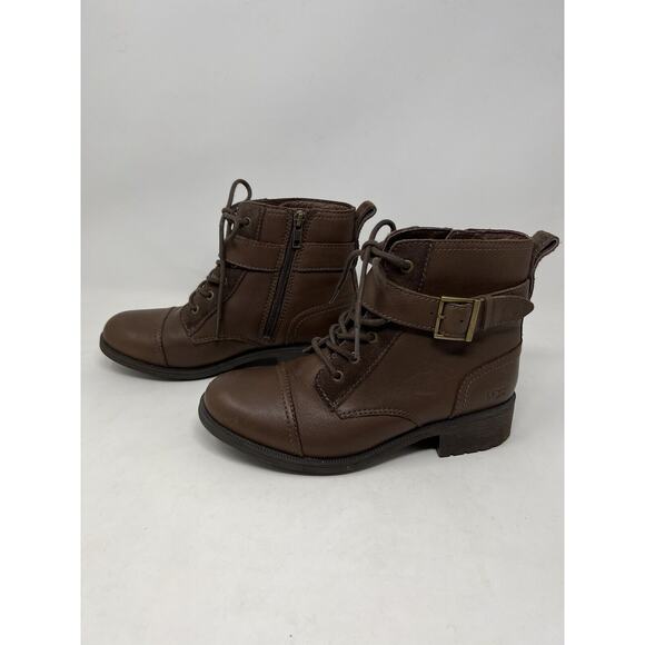 UGG Jaidyn boots size 8 Brown Leather Booties Buckle Lace Side Zip Sherpa Lined - Picture 5 of 15